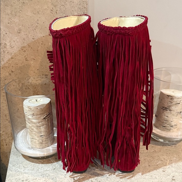 Fringe Embroidered Red Boots - Picture 3 of 12